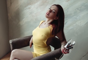 women, yellow dress, sitting, chair, red nails, drinking glass, nipples through clothing, tight dress, pierced nose, portrait