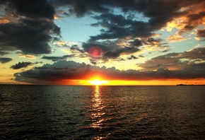 Sunset, Dawn, Horizon, Calm Water, Clouds, Sky