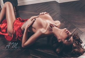 Liolia Matveeva, Andrew Morozow, tanned, red dress, red lipstick, closed ey ...