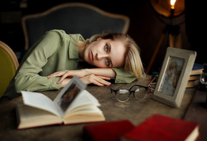 women, blonde, books, glasses, portrait, Dmitry Arhar, sitting, chair, table