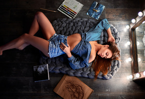 women, top view, on the floor, jean shorts, brunette, mirror, reflection, painting, light bulb, shirt