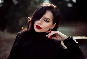 women, red lipstick, bokeh, eyeliner, face, portrait, coats, make up