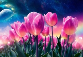 3D, digital art, графика, природа, весна, цветы, тюльпаны, небо, звёзды, планета
