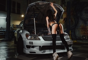 women, Artem Solovev, Garage, knee-highs, sneakers, women with cars, ass,  ...