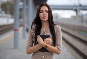 women, painted nails, books, railway, depth of field, long hair, necklace, portrait, watch