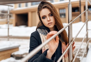 women, portrait, winter, scarf, coats, women outdoors, snow, blue eyes, long hair