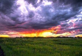 Sunset, Field, Dark Clouds, Burning Sky, Horizon