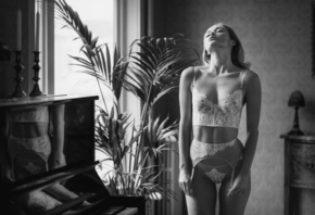 women, lingerie, piano, closed eyes, the gap, window, candles, reflection, monochrome, garter belt, plants, see-through bra, see-through panties