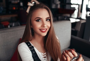 women, face, portrait, smiling, hoop earrings, sitting, lipstick, red lipstick, long hair, mirror, make up