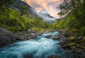 Норвегия, Ole Henrik Skjelstad, природа, пейзаж, горы, ручей, камни, туман
