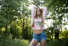 women, blonde, jean shorts, belly, women outdoors, long hair, pink sweater