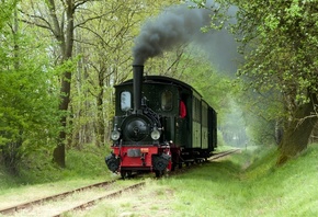 железные дороги, рельсы, трава, деревья, локомотив, ретро, дым