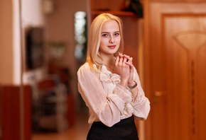 women, portrait, smiling, blonde, necklace, watch