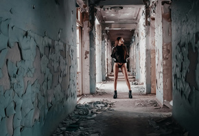 women, brunette, abandoned, high heels, women with glasses, black panties, looking away, hallway