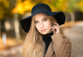 women, Lods Franck, hat, blonde, portrait, coats, depth of field