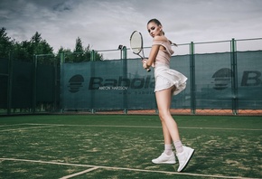 women, blonde, Anton Harisov, tennis rackets, ass, sneakers, white skirt, s ...