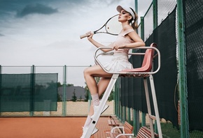women, blonde, Anton Harisov, tennis rackets, sneakers, white skirt, sittin ...