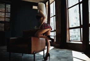 women, Artem Solovev, ass, blonde, brunette, window, plaid skirt, high hee ...