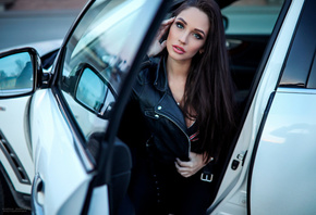 women, leather jackets, jeans, women outdoors, long hair, pink lipstick, women with cars, sitting