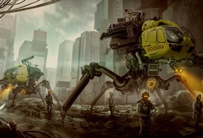Киберпанк, робот, роботы, техника, город, будущего, фантастика, фентези, оружие