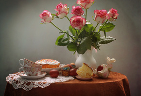 цветы, стол, праздник, розы, яйца, Пасха, голуби, чашки, кувшин, натюрморт, ...