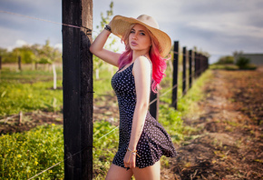 women, hat, pink hair, blue dress, fence, polka dots, women outdoors, pink  ...