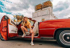 women, blonde, women outdoors, sneakers, women with cars, sitting, Aleksey Trifonov