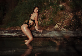 women, brunette, river, swimwear, wet body, wet hair, women outdoors, sitti ...