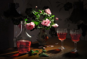 цветы, розы, лепестки, бокалы, ваза, напиток, натюрморт, бутыль, ликёр, Сер ...