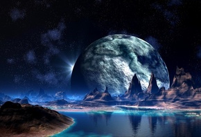 космическая фантазия. инопланетный мир звезды, Луна река вода естественный  ...