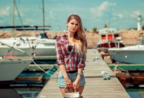 women, blonde, jean shorts, plaid shirt, boat, pier, handbags, long hair