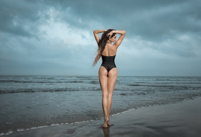 women, sea, ass, back, one-piece swimsuit, women outdoors, brunette, long hair, the gap, hands on head