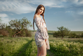 women, Diana Furmanova, dress, women outdoors, long hair, grass, portrait,  ...