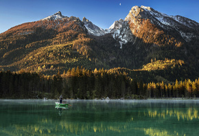 пейзаж, горы, природа, озеро, отражение, лодка, вершины, рыбак, Германия, Б ...
