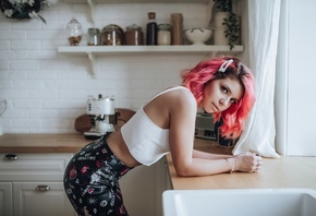 women, pink hair, kitchen, brunette, portrait, dyed hair, pants