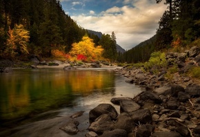 природа, пейзаж, осень, леса, река, камни, холмы, Doug Shearer