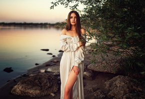 women, white dress, bare shoulders, rocks, river, sunset, women outdoors, long hair