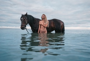 women, blonde, nude, horse, covering boobs, ribs, sea, women outdoors, bell ...