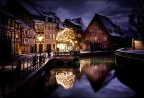Городской пейзаж, ночь, вода природа, снег, Зима, дом, фонарь, вечер, Рожде ...