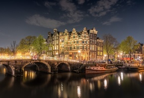 мост, город, здание, вечер, освещение, Амстердам, канал, Нидерланды, катера, Голландия