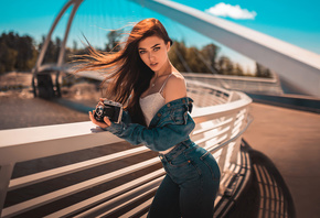 women, denim, jeans, camera, women outdoors, necklace, bridge, portrait, ri ...