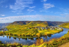 scenery, House, River, Field, Sky