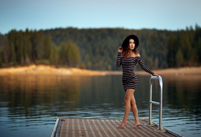 women, hat, lake, women outdoors, dress, looking away, forest, pier, bare shoulders