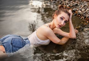 women, river, jean shorts, wet clothing, eyeliner, wet body, wet hair, women outdoors, looking at viewer