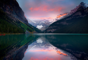 mountains, sunset, lake, sky, snow, peaks