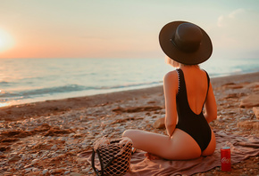 women, blonde, brunette, one-piece swimsuit, ass, sunset, sea, beach, women outdoors, black swimsuit, hat, Coca-Cola