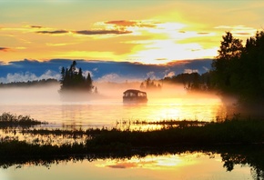 Канада, Квебек, природа, пейзаж, озеро, деревья, лето, сумерки, закат, вече ...