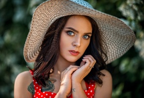 women, red dress, polka dots, women outdoors, tattoo, pierced nose, blue nails, portrait, face, gray eyes, red lipstick, hat