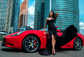women, Ferrari, black dress, brunette, building, hoop earrings, women outdoors, looking away, tight dress, women with cars