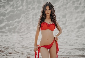 women, hips, the gap, red bikini, women outdoors, portrait, long hair, belly